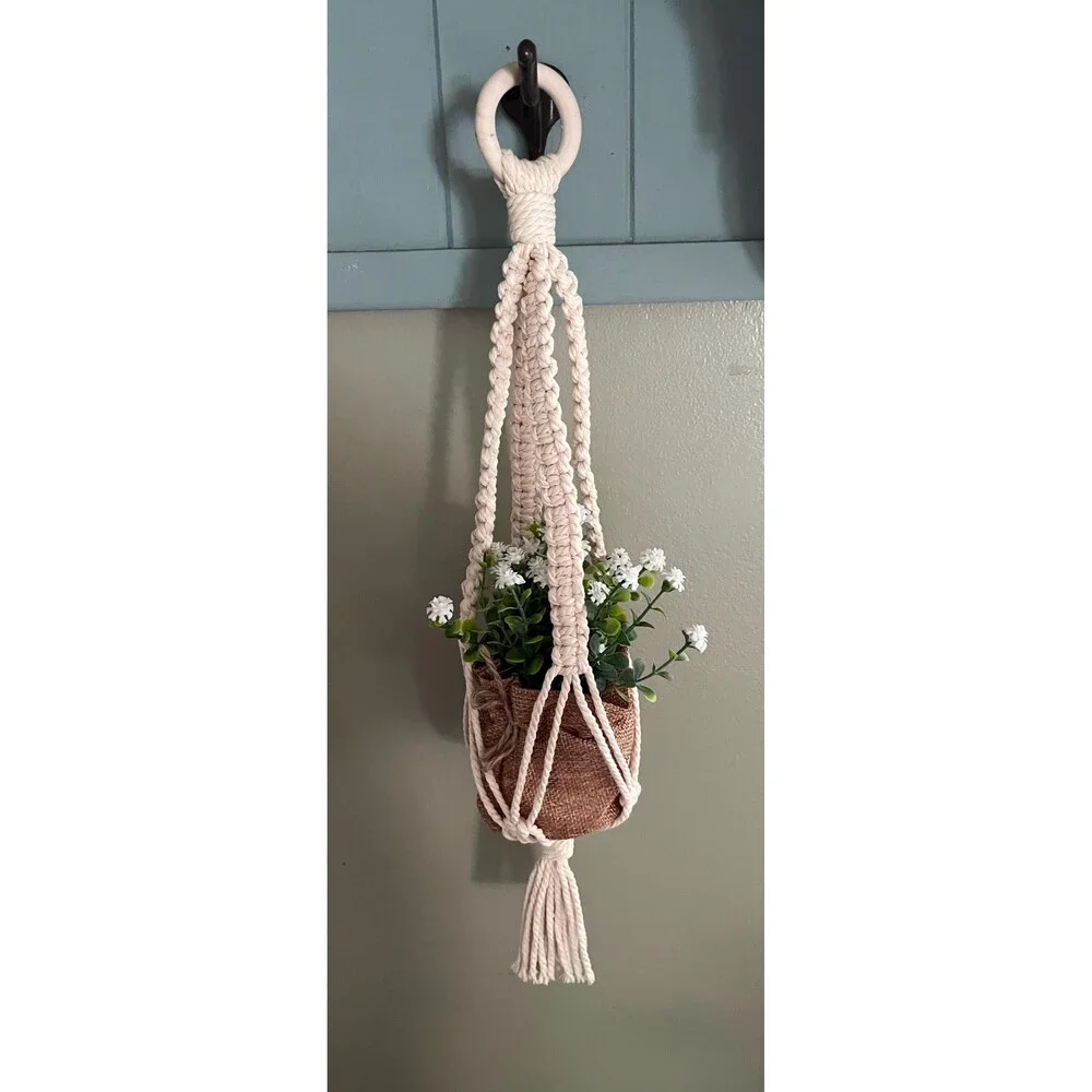 Handmade Macrame Plant Hanger with Artificial Baby’s Breath in Burlap Bag 16”